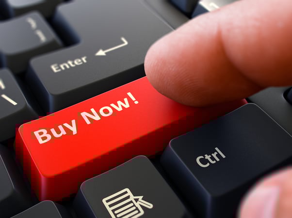 Concept. Person Click on Red Keyboard Button with Text Buy Now. Selective Focus. Closeup View.