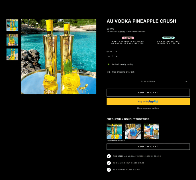 The Au Vodka store featuring a dynamic bundle by Rebuy on the product detail page