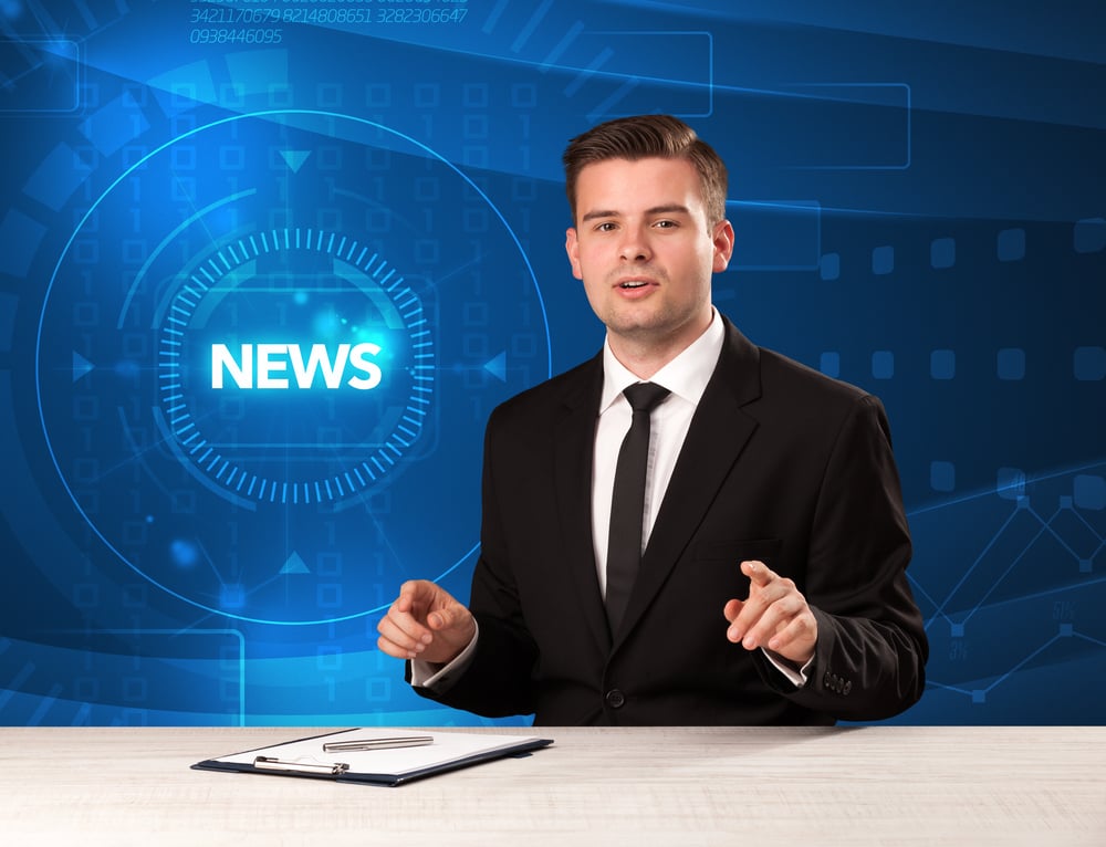 Modern televison presenter telling the news with tehnology background concept