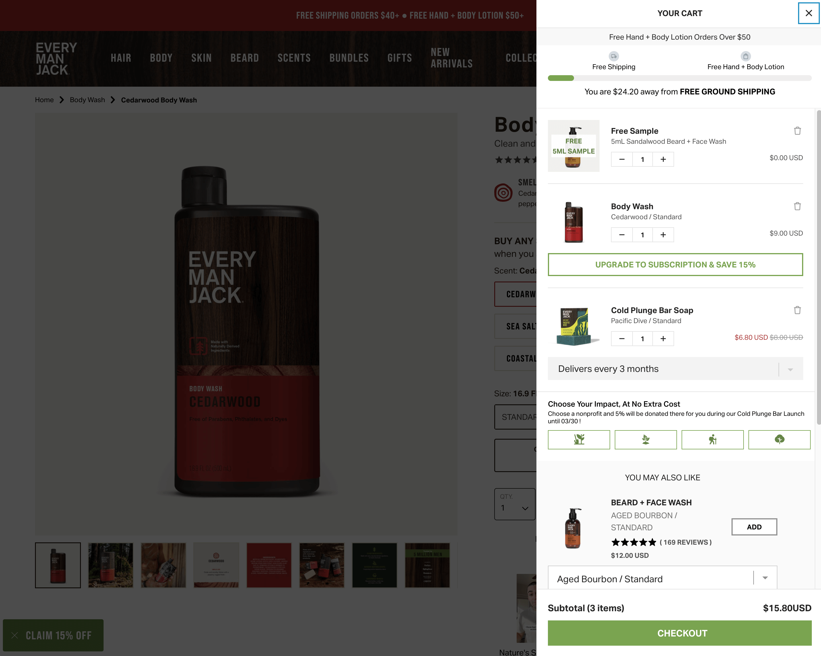 Every Man Jack's online store showcasing their Rebuy Smart Cart with tiered progress bar and switch-to-subscription widgets