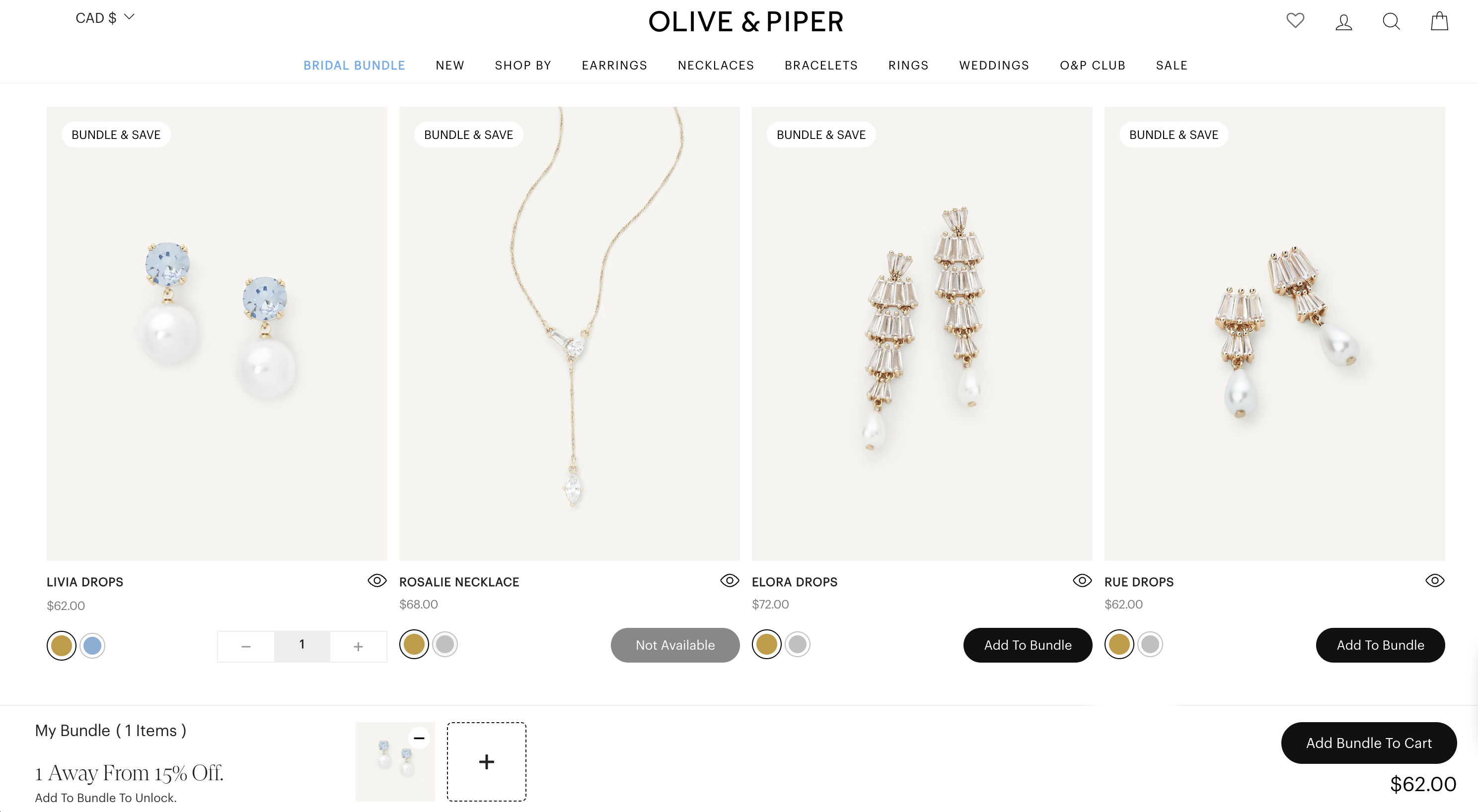 Screenshot of the Bridal Bundle, Olive & Piper's custom bundling solution using Rebuy Bundle Builder