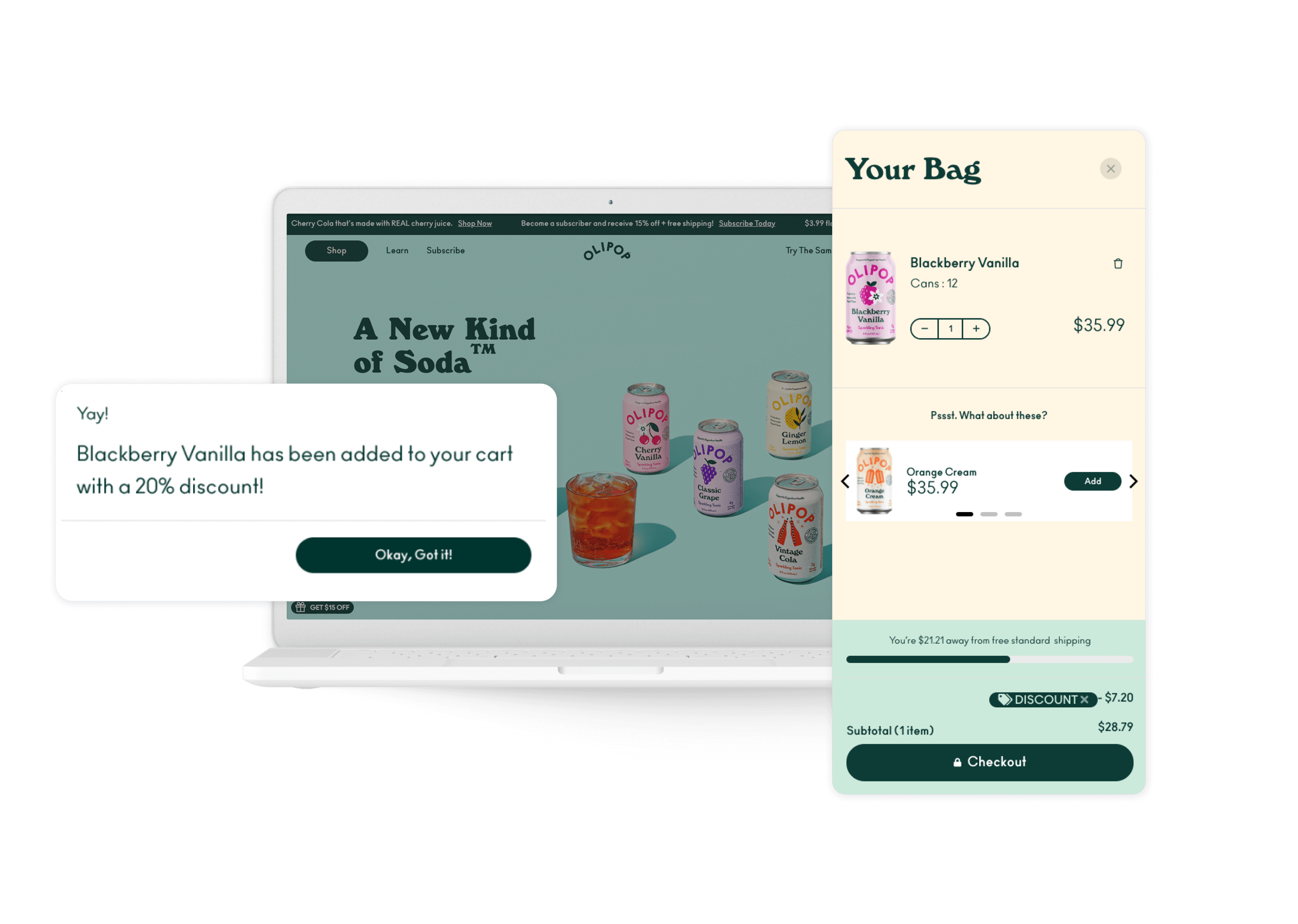 Olipop's automatic, pre-filled cart using Smart Links