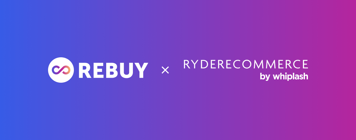 The Rebuy logo and Ryder Ecommerce by Whiplash logos on a purple and blue gradient background