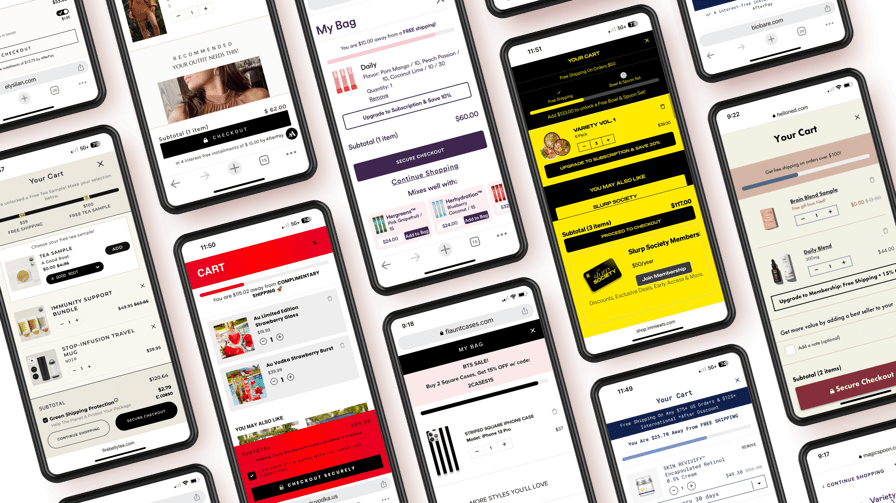 A grid of mobile devices showing Rebuy-powered shopping cart examples