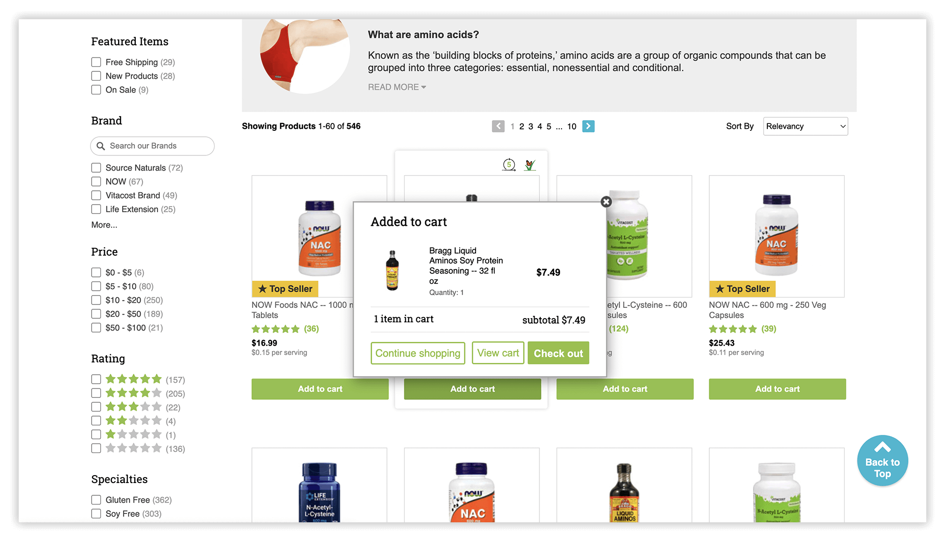A screenshot of an ecommerce shopping cart example from Vitacost