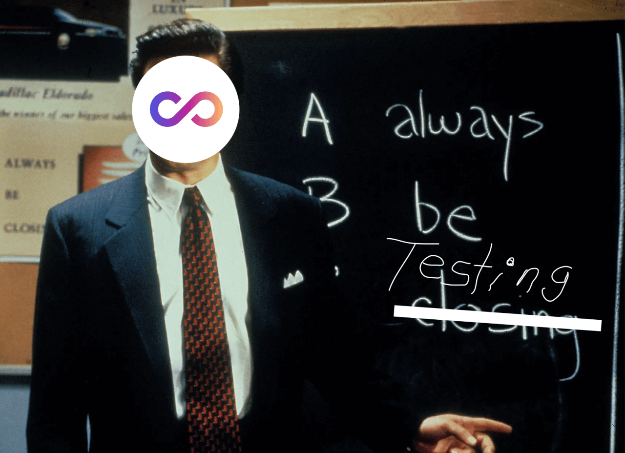 Rebuy's Ultimate Ecommerce A/B Testing Guide: Always Be Closing meme shows Closing crossed out and replaced with Testing 