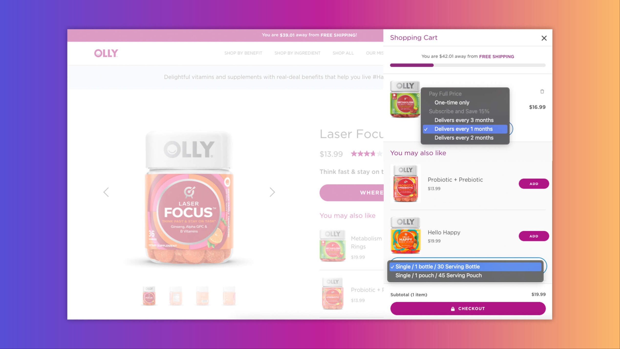 A product recommendation example showing OLLY's in-cart subscription upsells