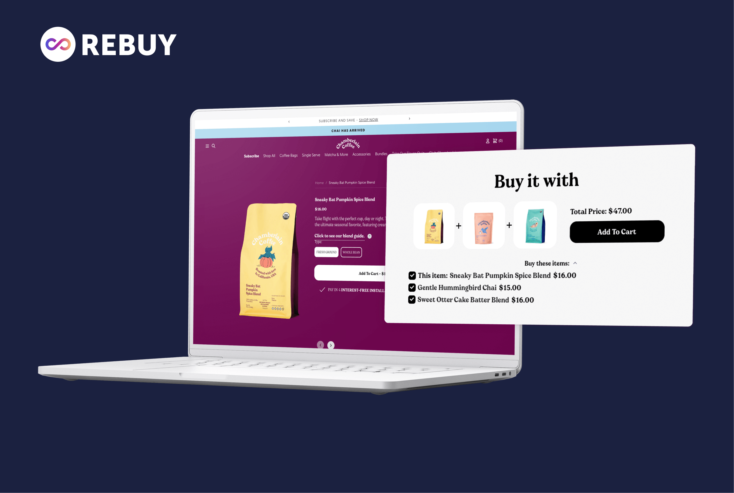 Chamberlain Coffee product page appears on a laptop featuring dynamic bundles by Rebuy