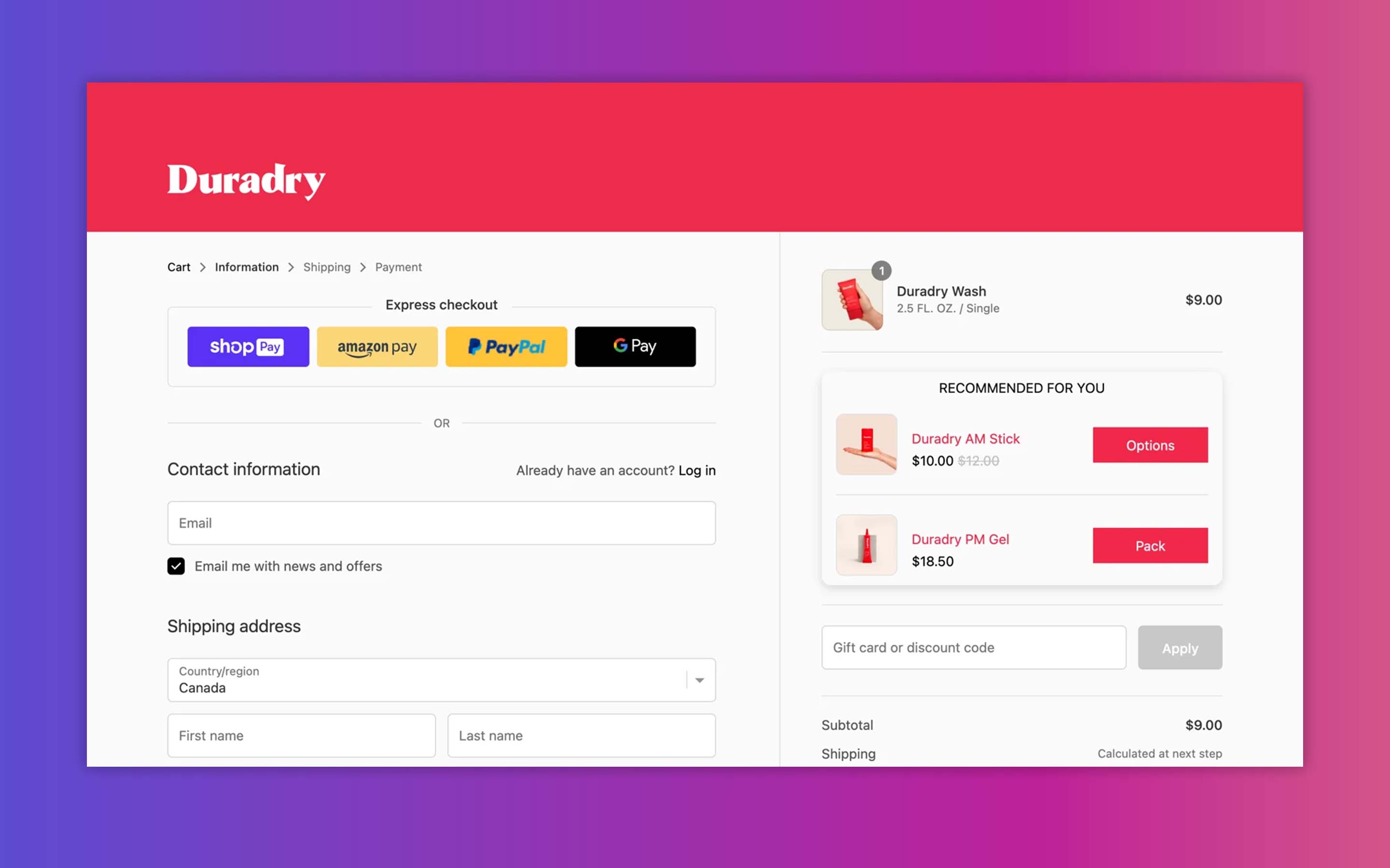 duradry checkout page