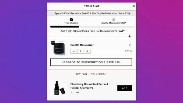A gif of Angela Caglia Skincare's Smart Cart which shows a customer adding more product (which gets them closer to rewards with the tiered progress bar) as well as switch a product to subscription and instantly see the discounted price
