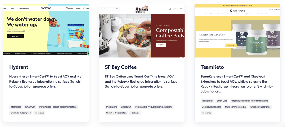 Three promotional cards showing how Rebuy integrates with Recharge to grow your subscription business.