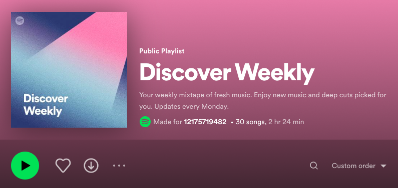 A screenshot from Spotify's Discover Weekly playlist, which is an example of an ai-powered product recommender at work