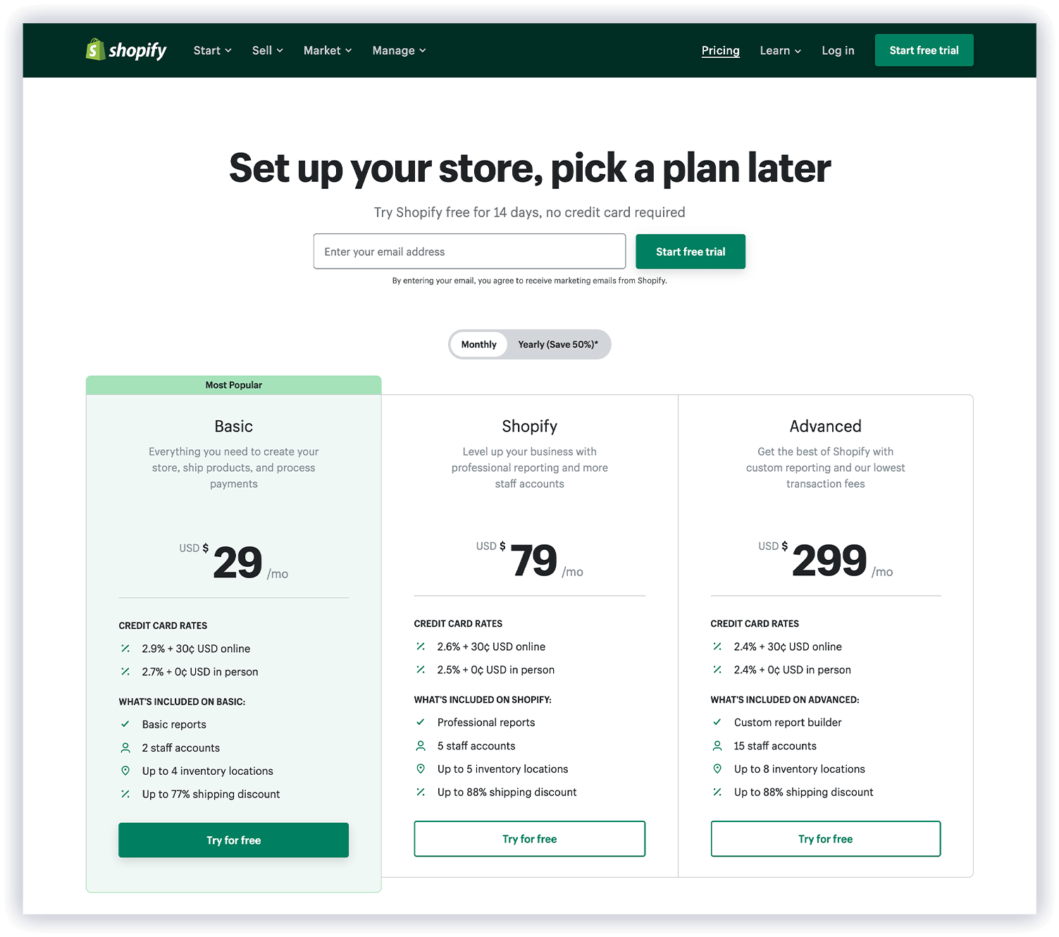 Shopify plans comparison