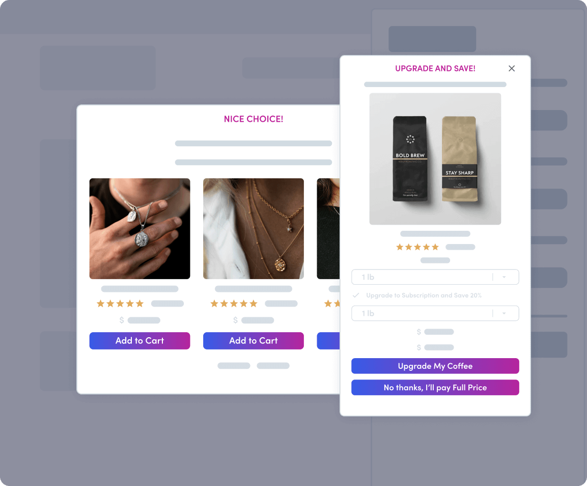 Necklace cross-sell recommendations and a coffee bundle upsell are examples of ecommerce personalization