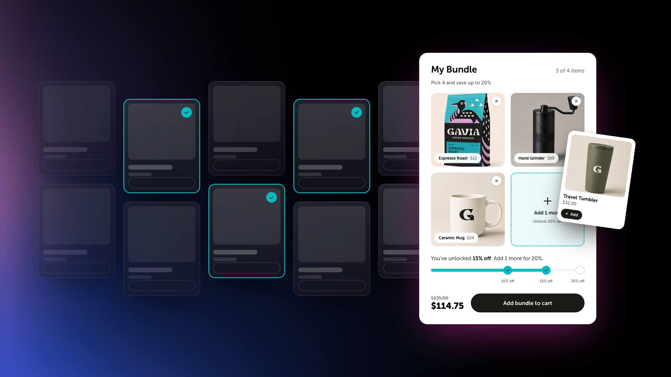A build-your-own bundle builder with coffee products and a progress bar