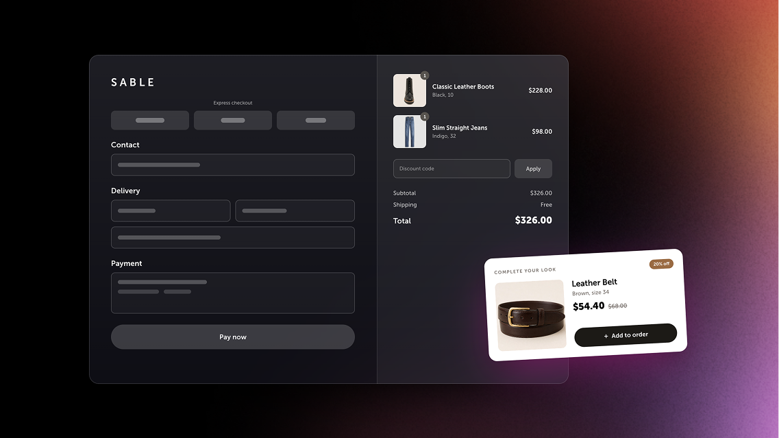 Shopify checkout page with a one-click upsell offer for a leather belt at 20% off, shown on a dark Rebuy gradient background