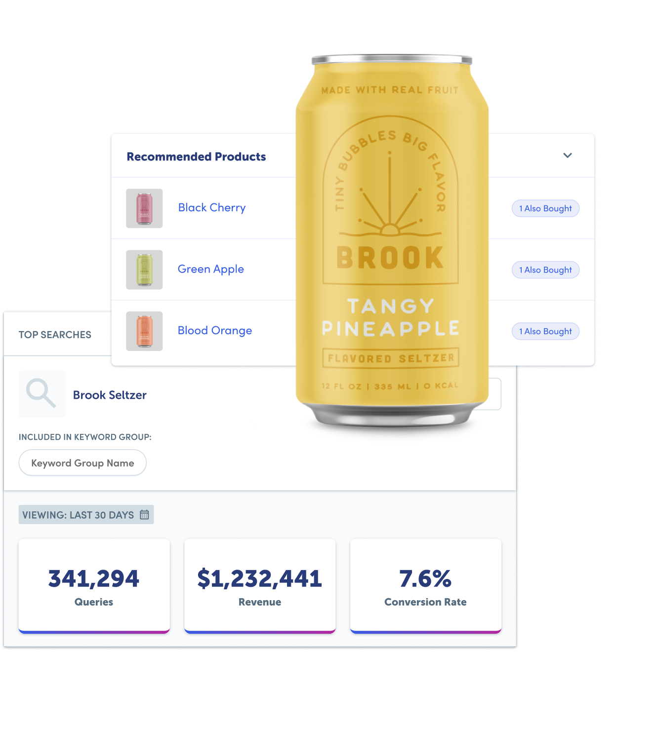 A yellow seltzer can on top of search results from the Rebuy admin showing recommended products based off this selection as well as profit related data based off that keyword