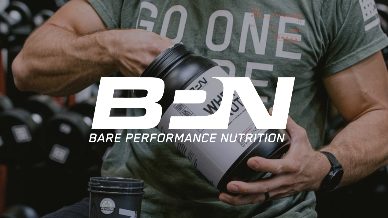 The Bare Performance Nutrition logo overtop of one of their whey protein powder products