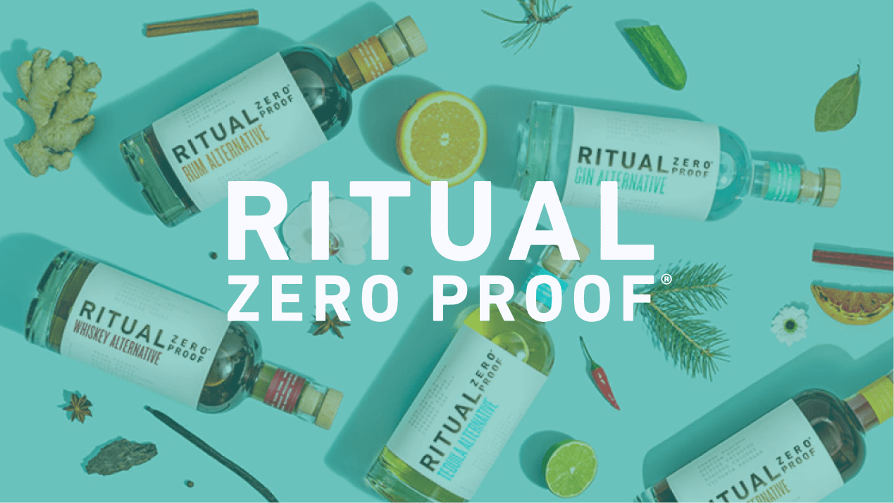 The Ritual Zero-Proof logo overtop of several bottles of their products (non-alcoholic spirits) with a blue green tint over the whole image to match their brand color