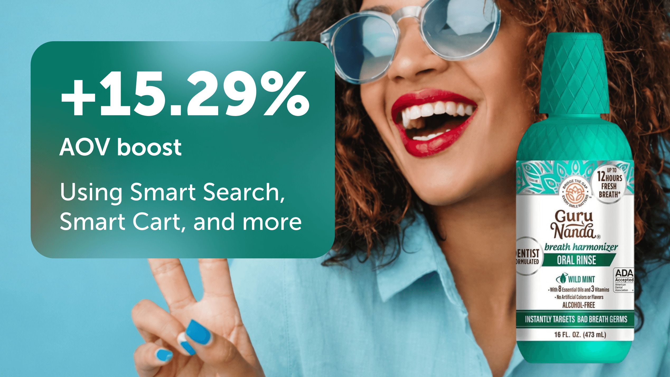 Woman smiling behind a GuruNanda product with text saying 15.29% AOV boost using Smart Search, Smart Cart, and more