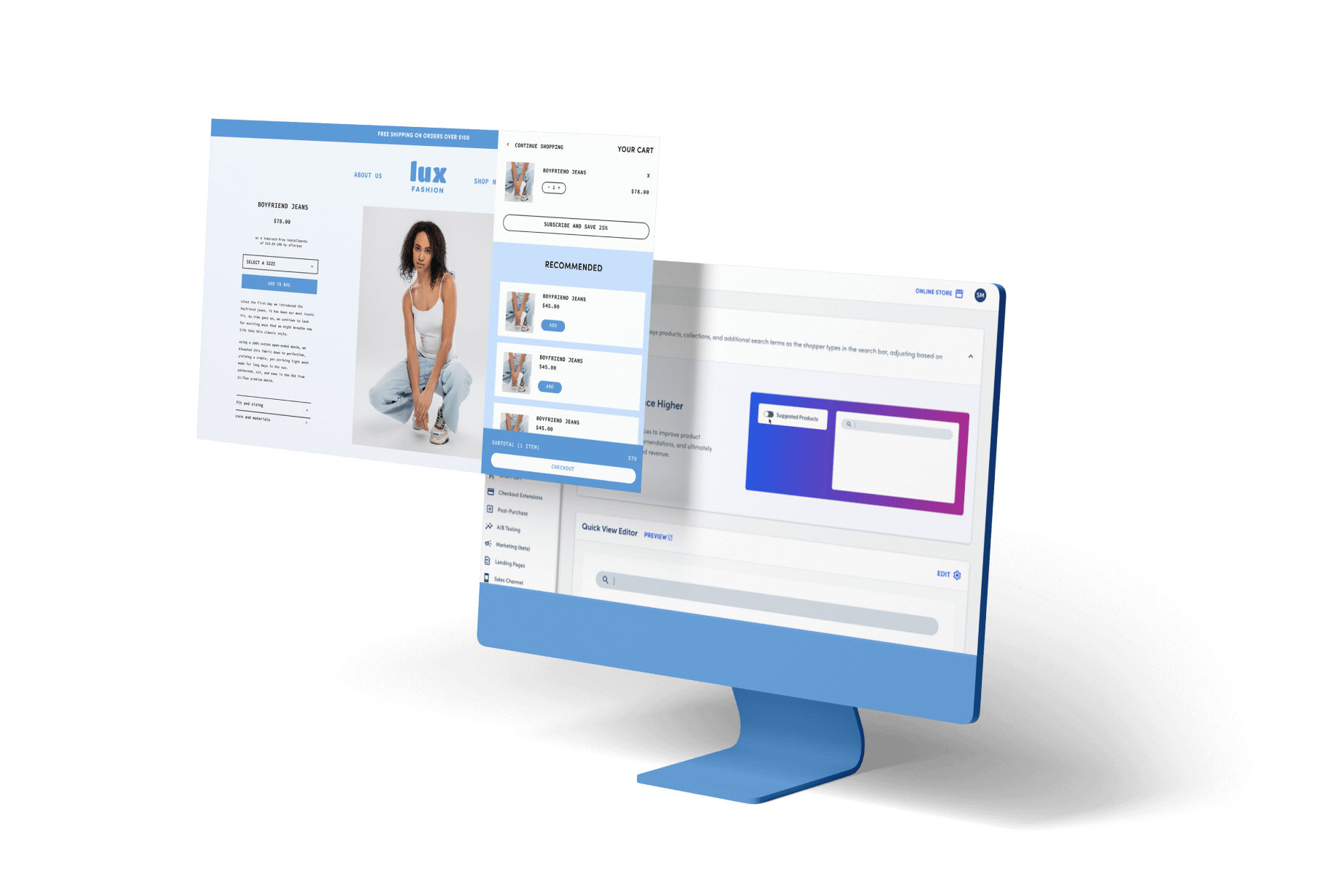 A desktop computer with the Rebuy admin and hovering over that a fashion brands ecommerce store