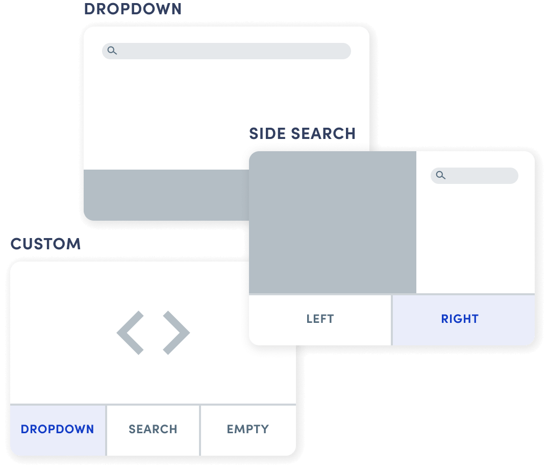 Three windows from the admin showing dropdown, side and custom search options