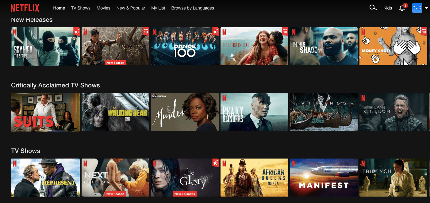 The main page of the Netflix App showing their AI-powered product recommenders for their various movies