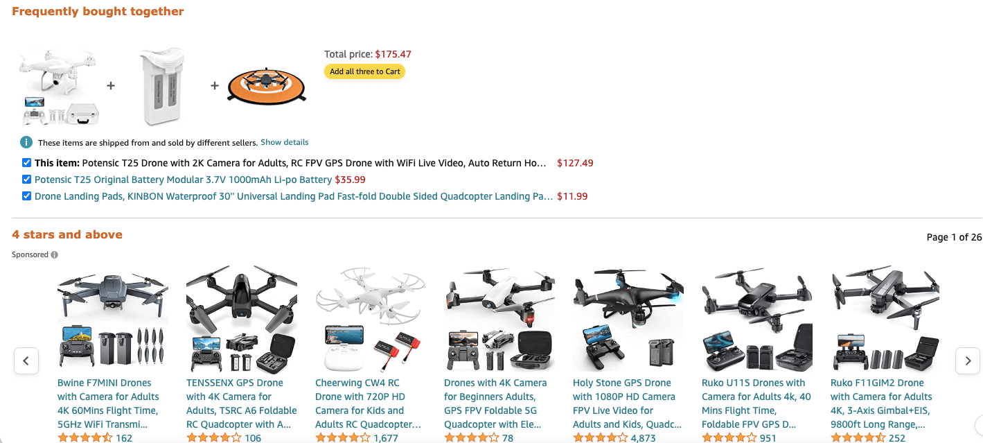 Image from a Drone listing on Amazon showing Frequently bought together items highlight the power of personalized recommendationsg